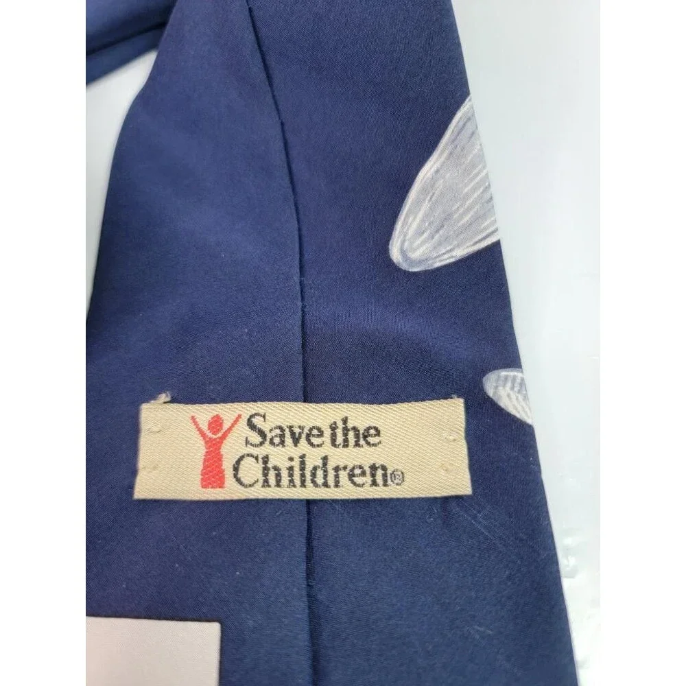 Save the Children Mens Silk Tie Navy Blue Airplane Houses Art Sam Age 10